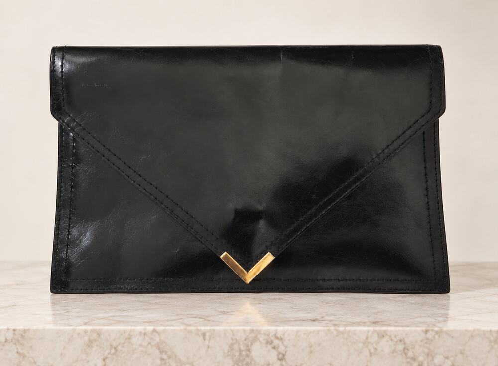 Vintage Black Leather Envelope Clutch Gold V 80s 90s Minimalist Evening Bag